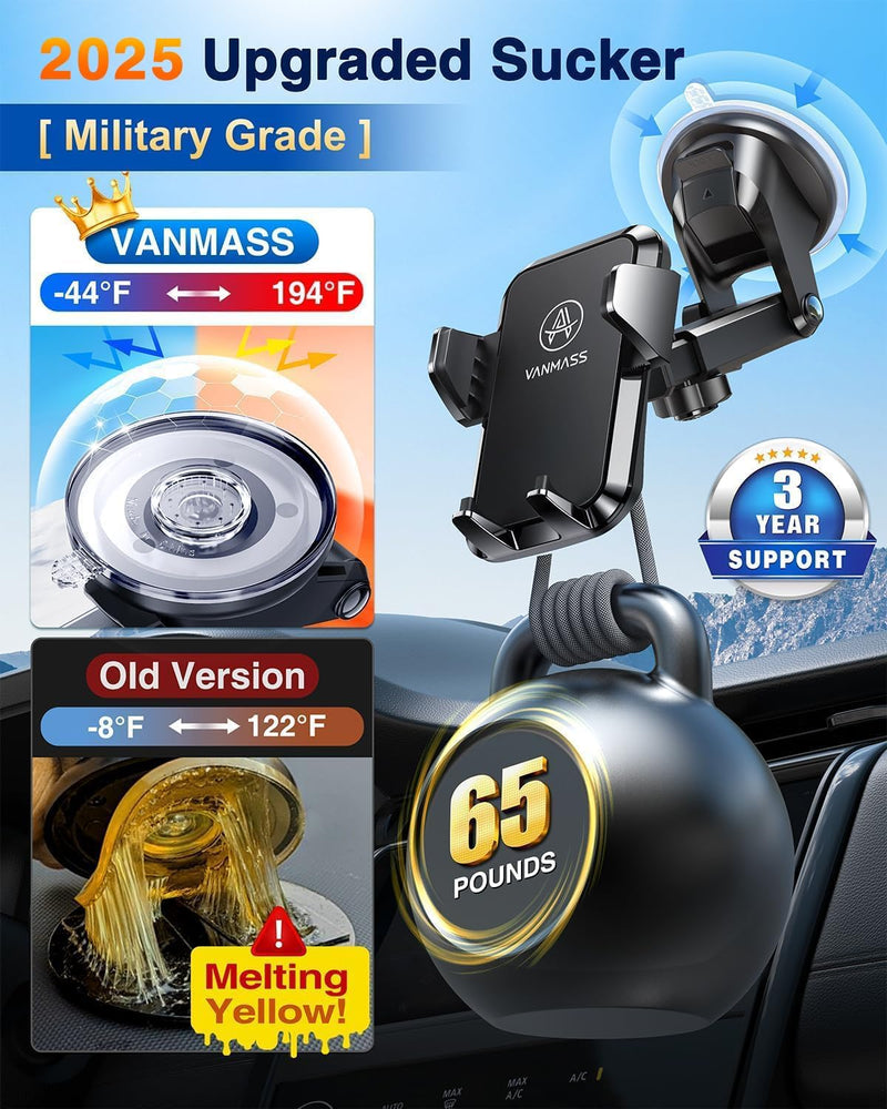 [2025 Ultimate] Car Phone Holder VANMASS【MAX Stable & Durable】Military-Grade Suction Cell Mount Truck Stand Cradle for Dashboard Windshield Vent for iPhone 16 Pro Max 15 14 13 12 Samsung S24 Android Black