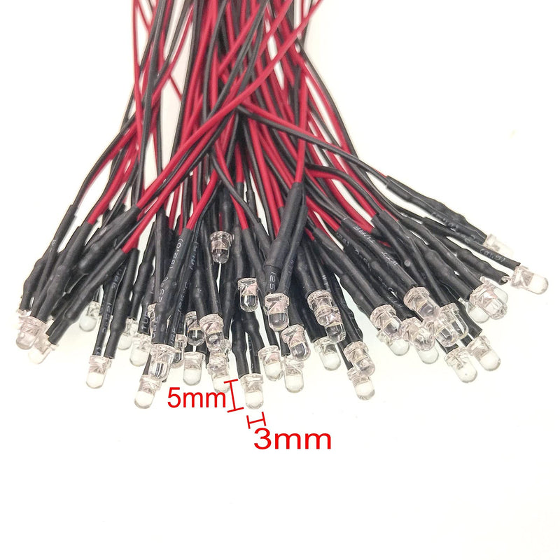 JZK 50 pieces 12V 3mm white LED diodes with wire, LED diode light 3mm, ultra bright 12V light diodes 3 mm with 20cm cable
