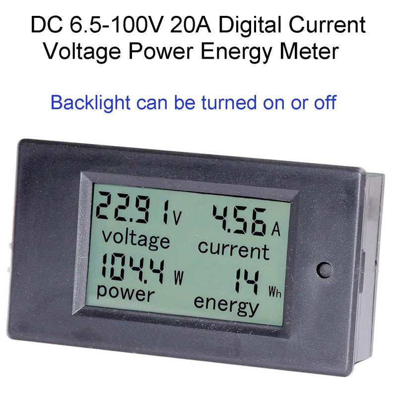 Greluma 1 piece DC 6.5-100V 20A LCD display digital current voltage energy meter multimeter amp voltmeter, 4 in 1 digital amp volt watt kWh meter tester measuring device 4-in-1 multimeter