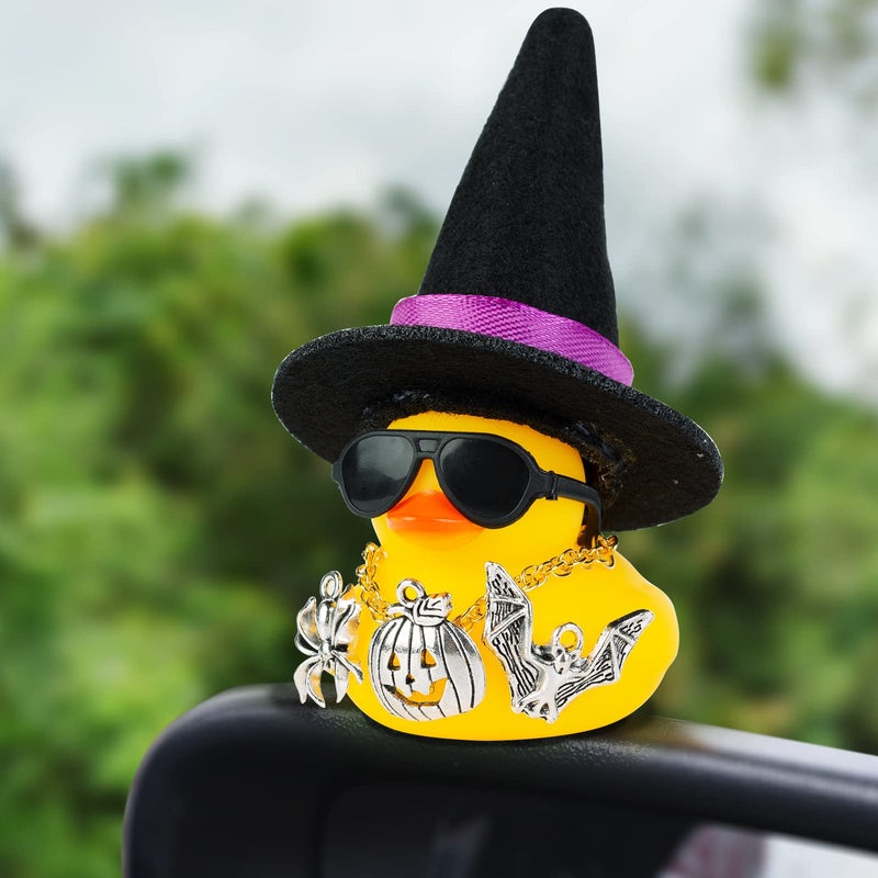Rubber Duck Car Ornaments Yellow Duck Car Dashboard Decorations with Mini Witch Hat Sunglasses Necklace and Cute Accessories for Party Gifts(H2) H2-Black&Purple Ribbon-Accessories