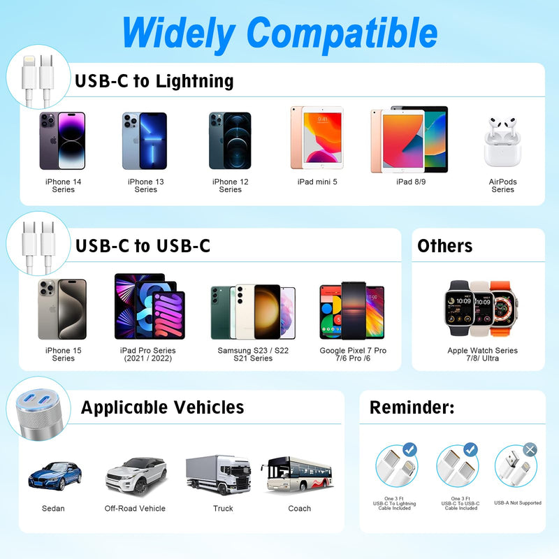 iPhone Car Charger Fast Charging [Apple MFi Certified], 60W Dual USB-C Power Cigarette Lighter Car Charger+Type-C Cable&Lightning Cable for iPhone 15 14 13 12 11 Pro Plus XS XR iPad, Samsung and more