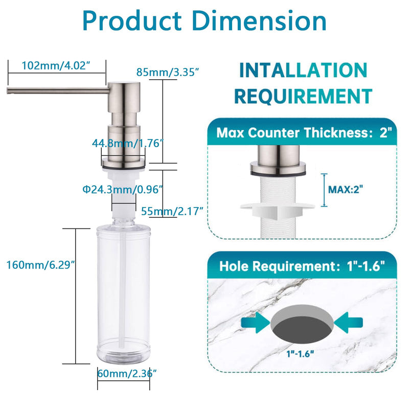 Sink Soap Dispensers,Brass Commercial Kitchen Soap Dispenser Liquid Lotion Dish Dispenser Built in Soap Dispenser Brushed Nickel Bathroom Soap Dispensers Pump, Refill from The Top 17oz(500ML) PET Bottle