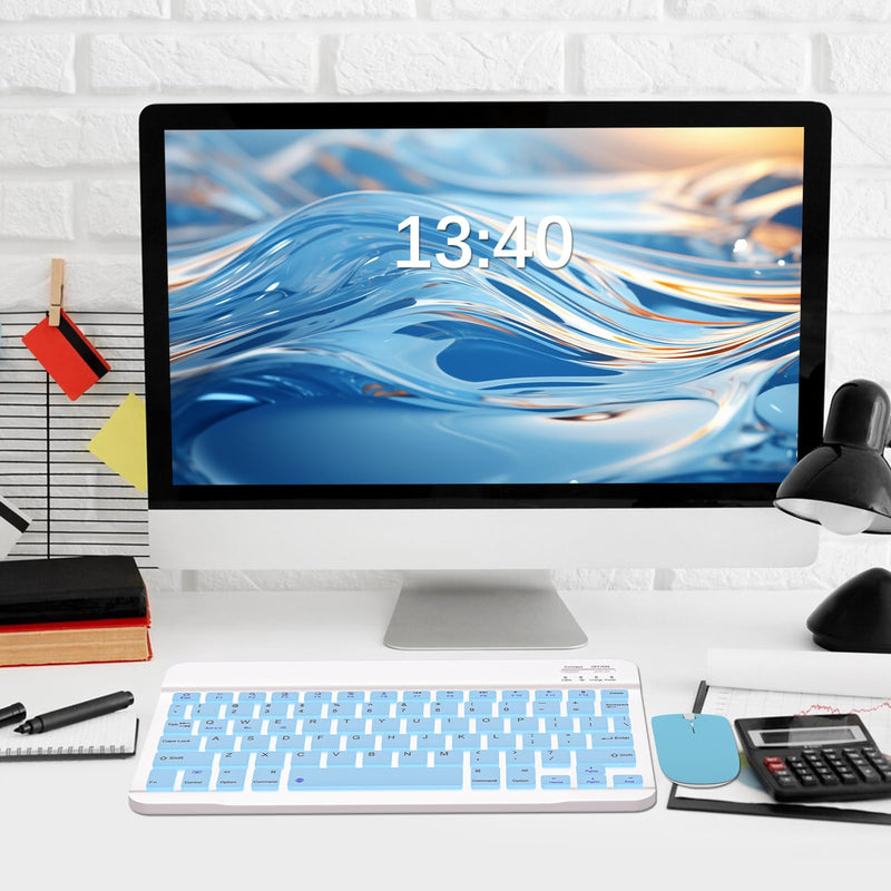 Bluetooth Keyboard and Mouse Combo, QWERT Layout Universal Ultra-Slim Wireless Keyboard Mouse Set for Android Windows iPad iPhone Samsung Tablet Portable Compact Keyboard Set, Light Blue