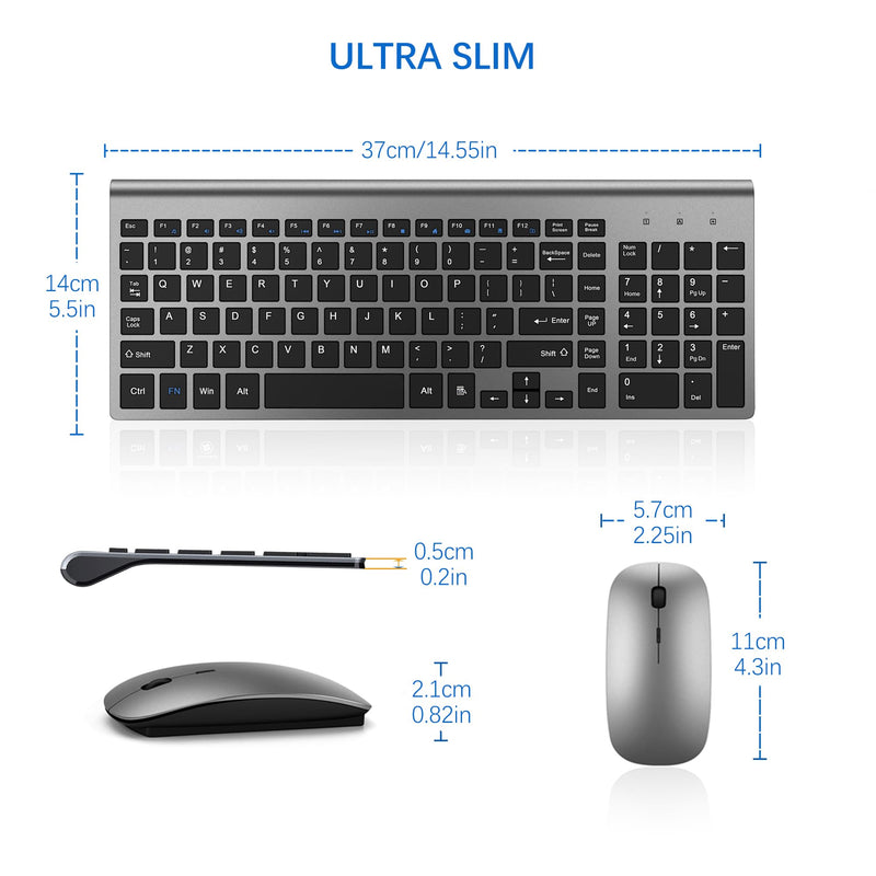 TopMate Wireless Keyboard and Mouse Ultra Slim Combo, 2.4G Silent Compact USB Mouse and Scissor Switch Keyboard Set with Cover, 2 AA and 2 AAA Batteries, for PC/Laptop/Windows/Mac - Gray Black