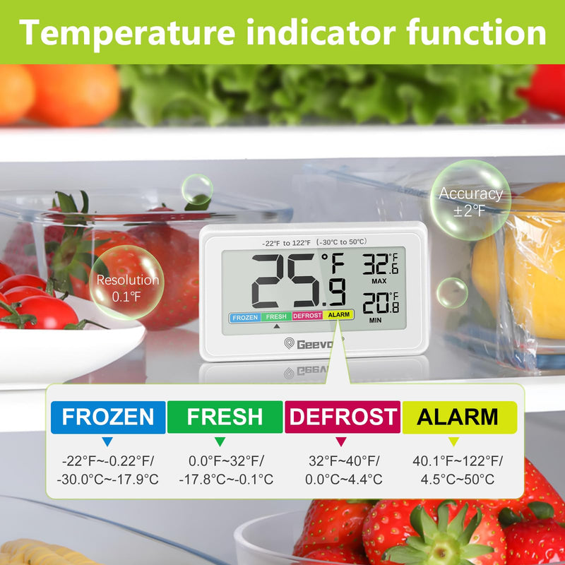 Geevon Digital Refrigerator Thermometer 4 Pack, IP65 Waterproof Fridge and Freeze Thermometer with Magnetic Back Large LCD，Max/Min Record Function for Home,Commercial White-4Pack