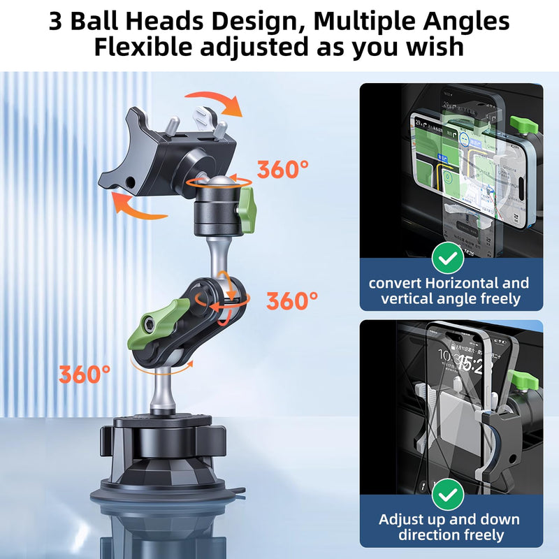 HEMMOTOP Suction Cup Car Phone Mount, 12 in Heavy Duty Metal Cell Phone Holder for Windshield, 360° Rotation Vacuum Magic Arm for iPhone All Smartphone & Cars Truck
