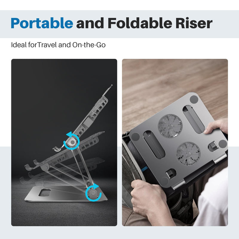 Adjustable Laptop Cooling Stand with 2 Quiet Fans & RGB Lighting, Aluminum Alloy & Foldable Ergonomic Design for MacBook, Lenovo, ASUS, Dell 10-16 Inch, Perfect for Gaming, DJ, Office - Gray