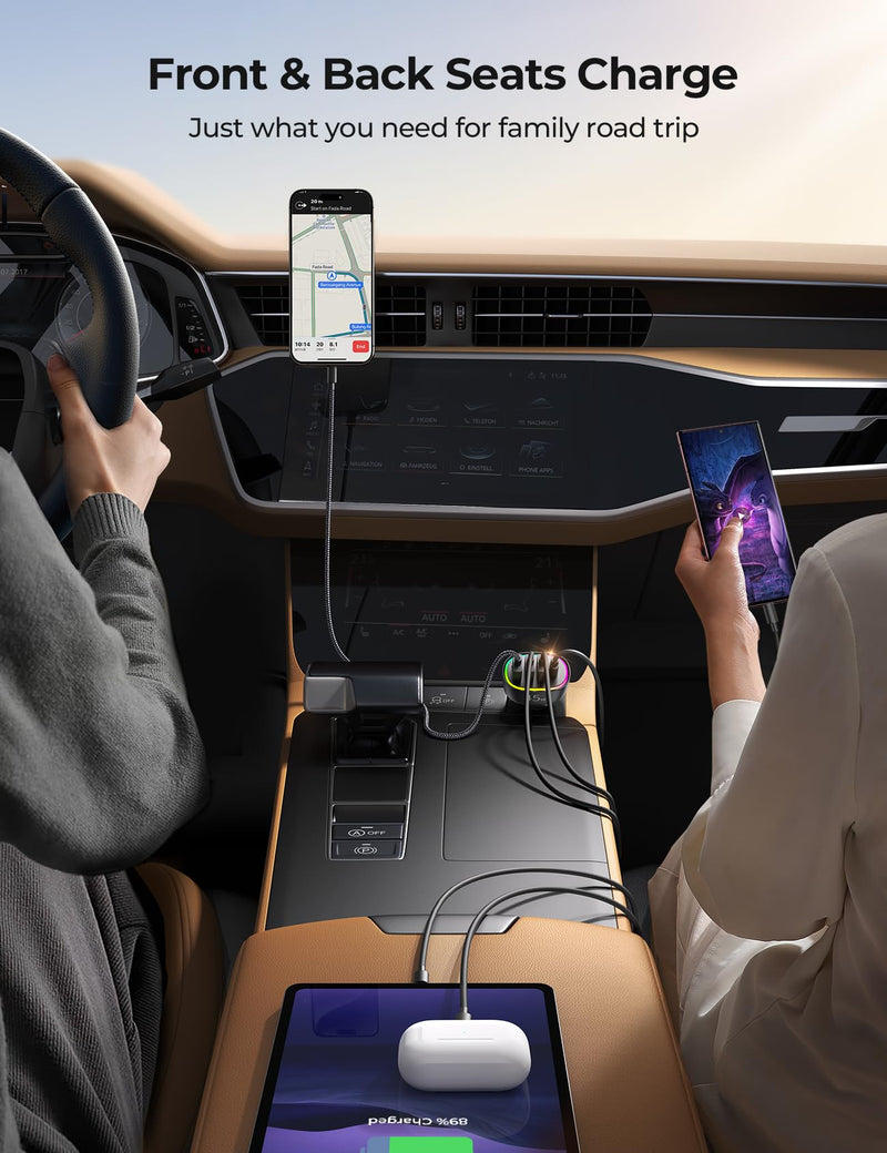 USB C Car Charger, 45W 4 Ports Super Fast Car Charger Adapter, PD3.0 & QC3.0 30W Type C Car Charger Compatible with iPhone 15/14/13/12/11, Samsung Galaxy S24 Ultra/S23, Cigarette Lighter USB Charger Black