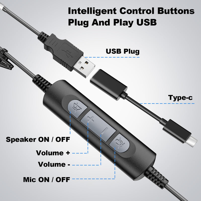 USB Headset with Microphone, Computer USB & Type-C Headphones with Noise Canceling Mic for PC Laptop Wired On-Ear Phone Headsets with Mute for Office, Call Center, Video Meeting, Chat 382