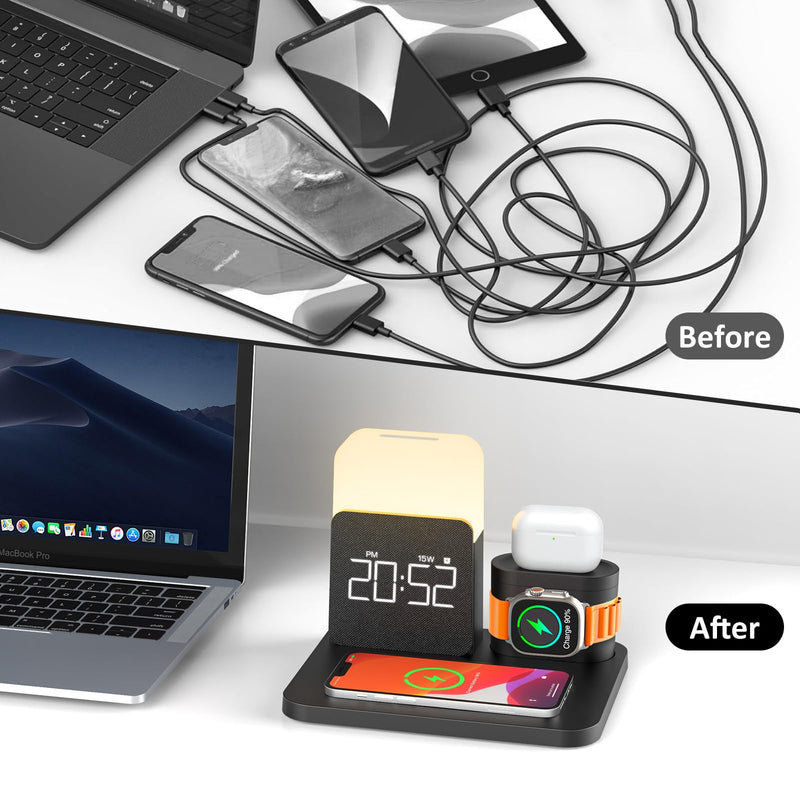 3 in 1 Charging Station for iPhone, Alarm Clock, Night Light, Wireless Charger for iPhone 15 14 13 12 11 X Pro Max & Apple Watch - Charging Stand Dock for AirPods