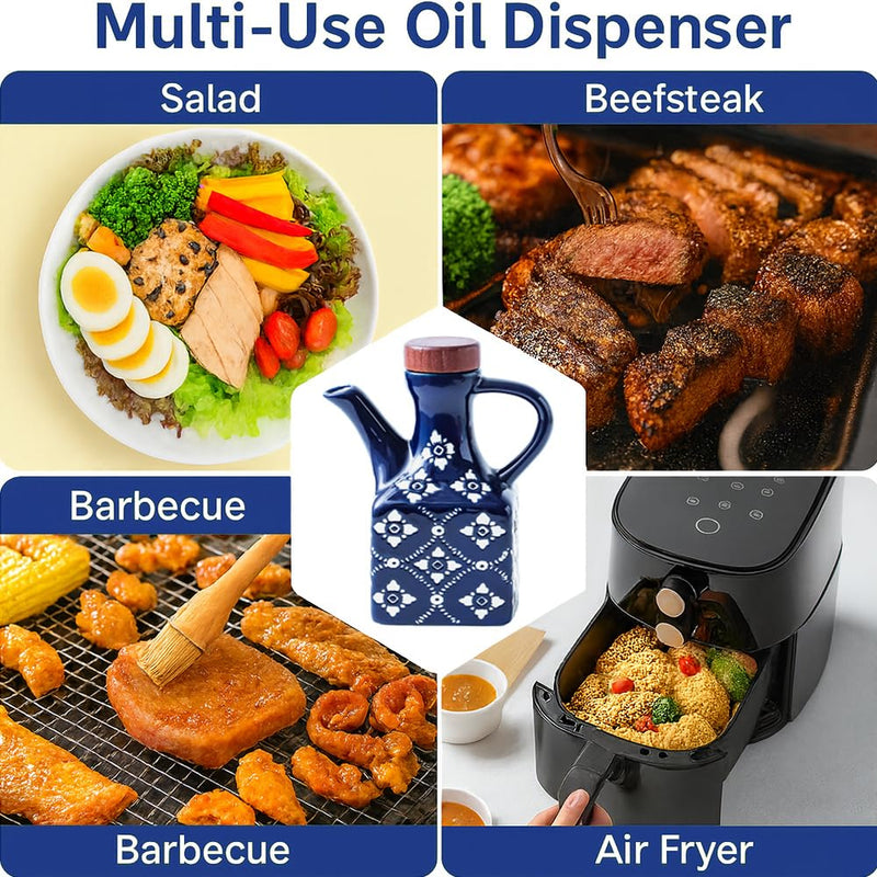 Ceramic Olive Oil Dispenser Bottle 8.5 oz – Decanter for Kitchen with Handle & Wooden Stopper, Decorative Oil and Vinegar Dispenser Set, Cooking Oil Container Cruet for Olive, Avocado, Vinegar, Jar BLUE - 8.5 oz