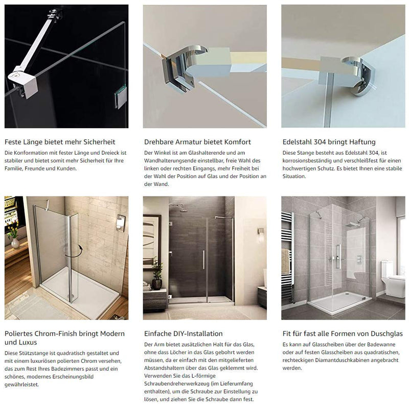 40cm / 15.7" Stainless Steel Frameless Shower Door Fixed Panel Wall-to-Glass Support Bar for 1/4" to 3/8" Thick Glass by M-Home (400mm, Chrome) 400mm