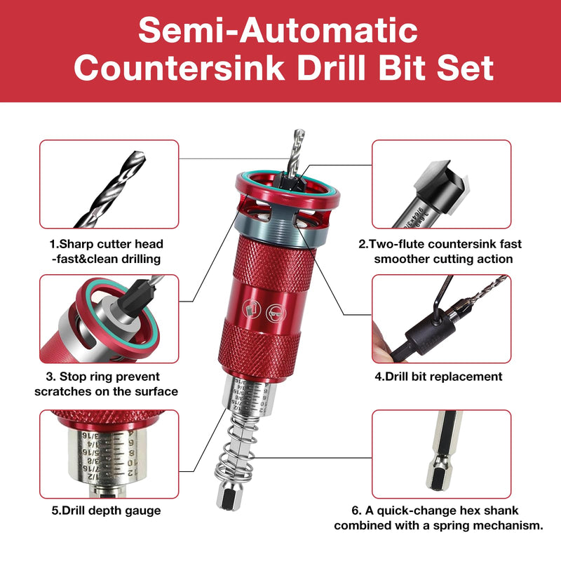 Countersink Drill Bit Set, 5 Pcs ﻿Two-Flute Semi-Automatic HSS M2 with Bearing Stopper, 82° Counterbores 1/4” Hex Shank Wood Countersink Bit Set for Wood, Plastic, Woodworking Semi-Automatic-5Pcs