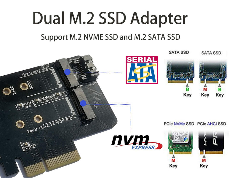 Valuegist Dual M.2 PCIE Adapter for SATA or PCIE NVMe SSD, M.2 SSD NVME (m Key) and SATA (b Key) 2280 2260 2242 2230 to PCI-e 3.0 x 4 Host Controller Expansion Card (MKeyBkey) MKeyBkey