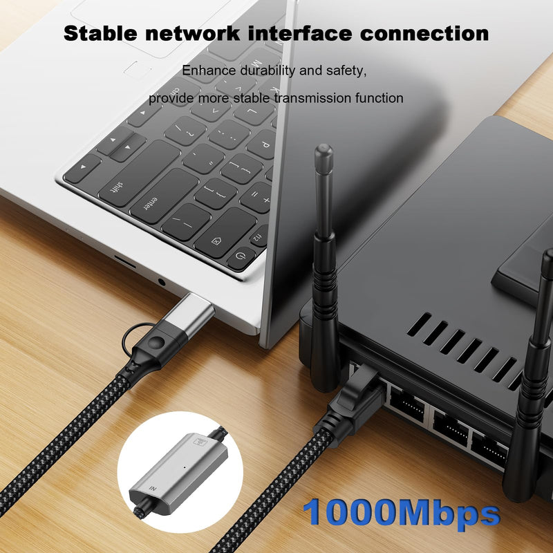 USB C to Ethernet Adapter 1000Gbps, 2-in-1 USB to 1000M Ethernet Adapter, USB-C to RJ45 Network Converter (Thunderbolt 4/3 Compatible), Aluminum Case for Windows, Mac OS, iPad OS and More.