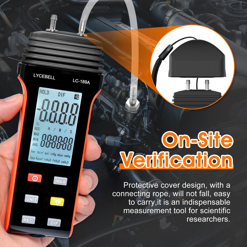 LC-189A Pressure Gauge, Digital Air Pressure Gauge, Differential Pressure Gauge, HVAC Gas Pressure Gauge, Suitable for Air Pressure Measurement (Black + Orange)