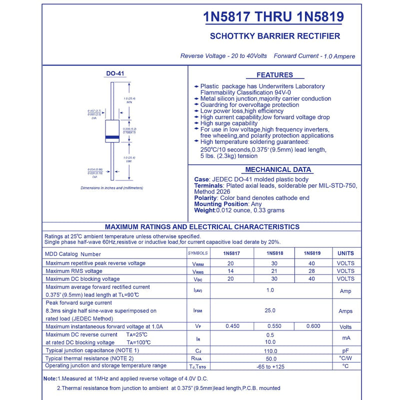 Innfeeltech 100pcs 1N5817 Shottky Diodes Universal Silicon Rectifier, 1A, 20V Silicon Rectifier Schottky Diodes