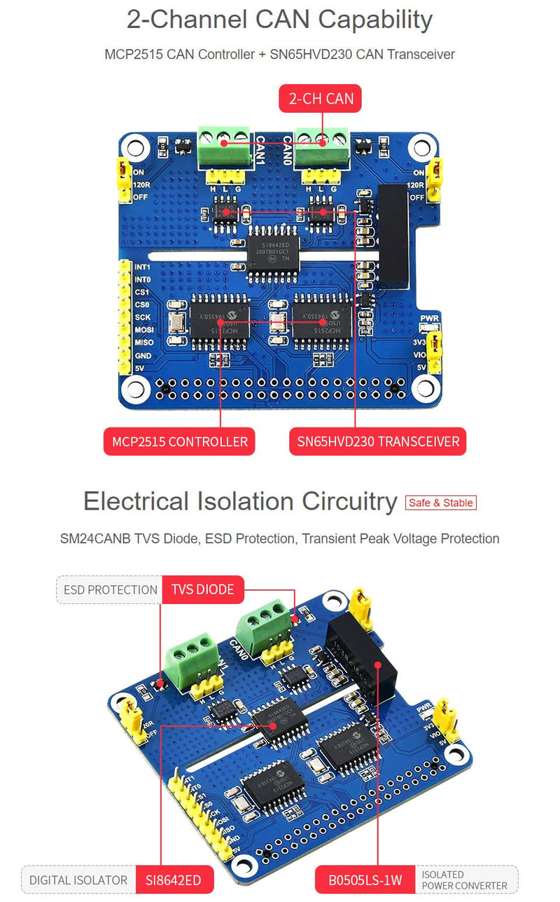 Waveshare 2-Channel Isolated CAN Expansion Hat for Raspberry Pi with MCP2515 + SN65HVD230 Dual Chips Solution and Multi Onboard Protection Circuits