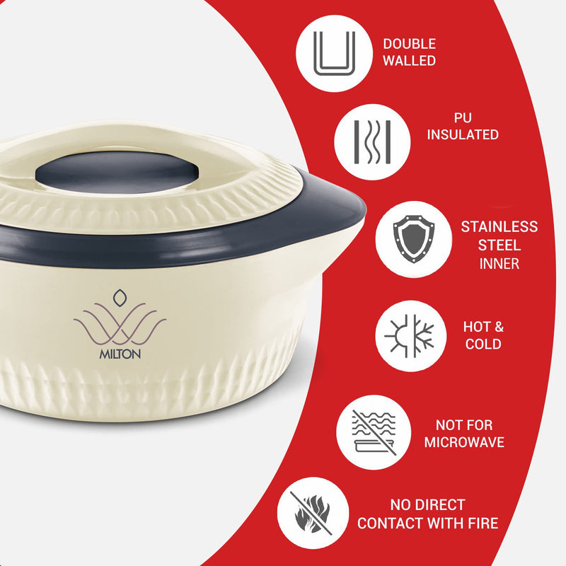 MILTON Royal 2500 Insulated Inner Stainless Steel Casserole, 2.05 litres, Cream | BPA Free | Food Grade | Easy to Carry | Easy to Store | Ideal for Chapatti | Roti | Curd Maker