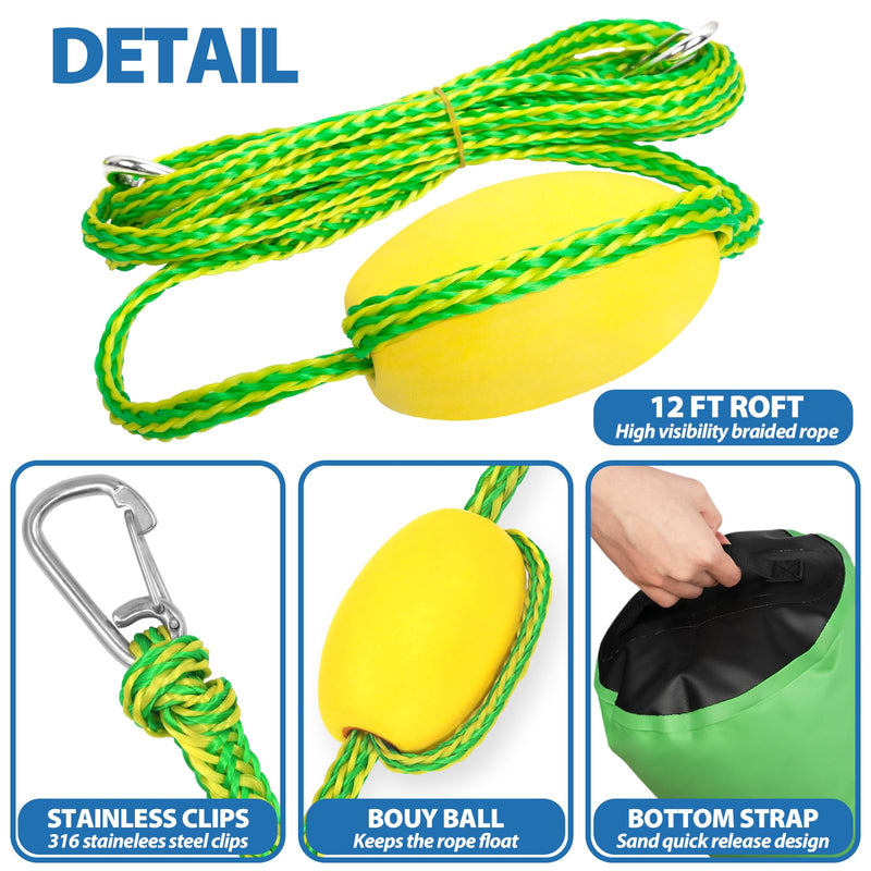 Obcursco 20L Jet Ski Anchor Kit PWC Anchor 2 in 1 Sand Bag Anchor for Float with Adjustable Buoy, PWC Sandbag Anchor for Jetski, Kayak, Seadoo, Paddle Board, Waverunner, Watercraft, and Swim Mat… green