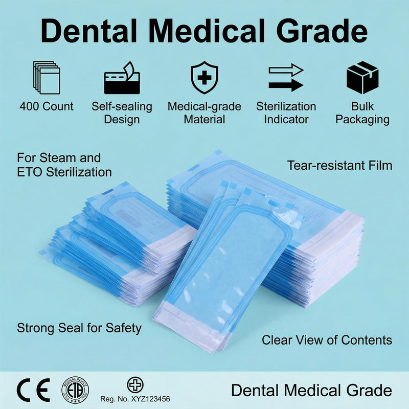 Pack of 400 Sterilisation Bags, Sterilising Bags Without Side Pleats, 90 x 260 mm, Self-Adhesive Sterilisation Bags for Cleaning Tools, Sterilising Bags for Dental Tools, Tattoos or Manicures