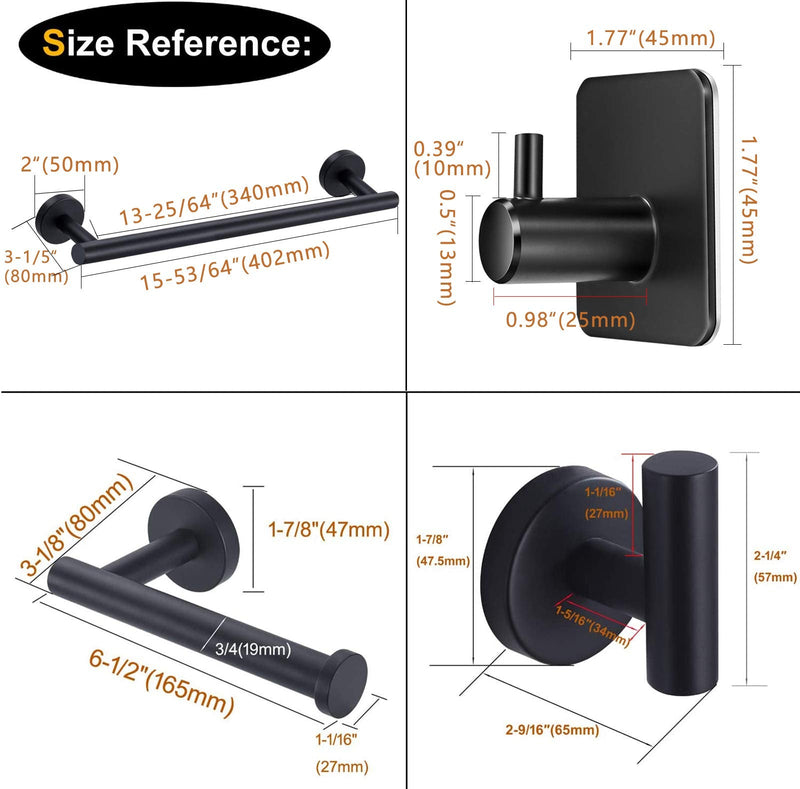 Nolimas 5Pieces Matte Black Bathroom Hardware Set Included 16" Lengthen Hand Towel Bar,Toilet Paper Holder,3pcs Robe Towel Hooks SUS304 Stainless Steel Bathroom Accessories Kit