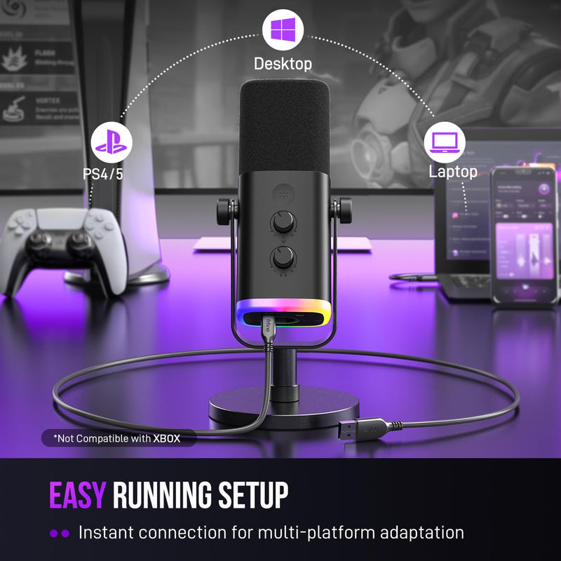 FIFINE USB/XLR Dynamic Microphone for Podcast Recording, PC Computer Gaming Streaming Mic with RGB Light, Mute Button, Headphones Jack, Desktop Stand, Vocal Mic for Singing YouTube-AmpliGame AM8 Black