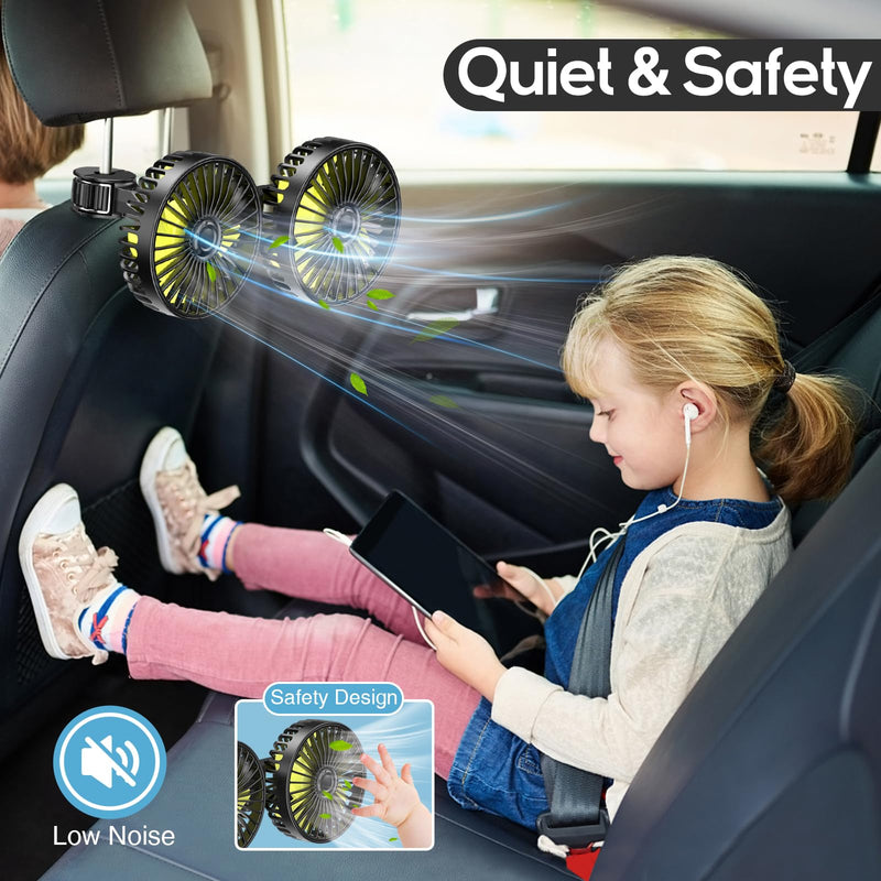 Dealswin Car Fan for Backseat kids, Dual Head USB Car Seat Fan, 360° Rotatable Strong Wind Car Rear Headrest Fan for Baby, Air Circulation Fan with Adjustable Clip for Vehicles SUV RV Yellow