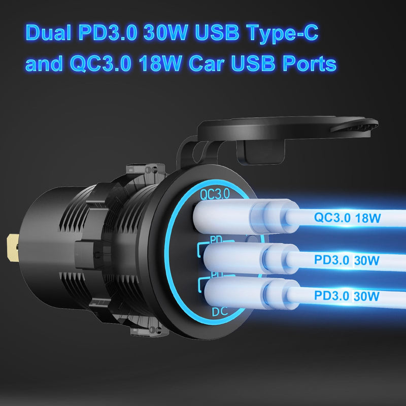 2 PACK 12V USB Outlet Wired USB Charger Multi Port, Dual PD3.0 USB-C and Quick Charge 3.0 Car USB Port Socket with Power Switch, Fast Charger for Cell Phone Tablet, Suitable for Car Boat RV Marine ATV