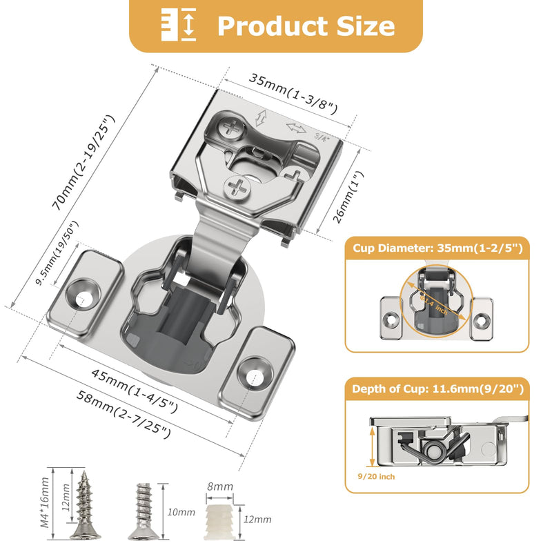 Furniware 10 Pieces 3/4" Overlay Concealed Face Frame Hinges, 105° Open Angle 4 Level Soft Close Screw On Compact Cabinet Hinge,for Face Frame Door, Soft Close On/Off Switch, Self Closing 3/4 Inch