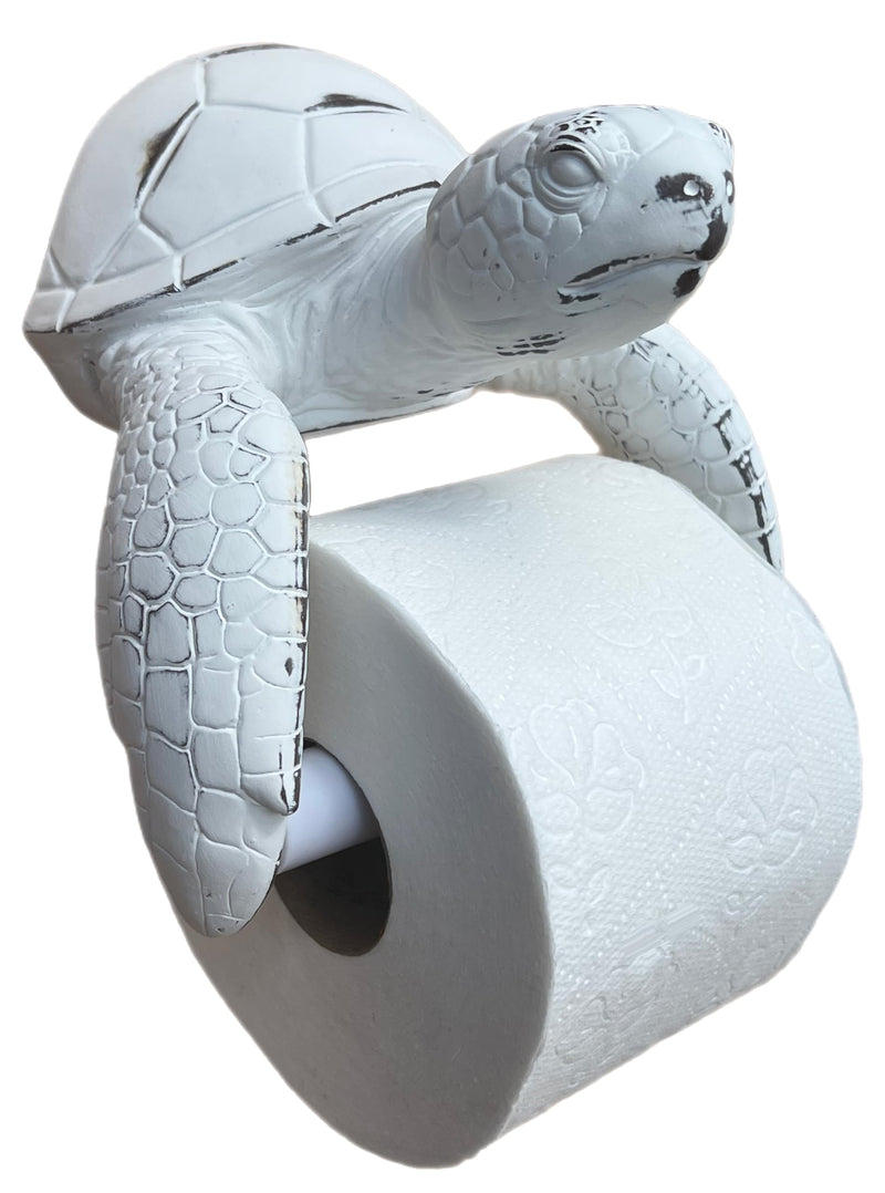 Sea Turtle Wall Mount Toilet Paper Roll Holder Rustic Beach Coastal Decor - Distressed White Finish