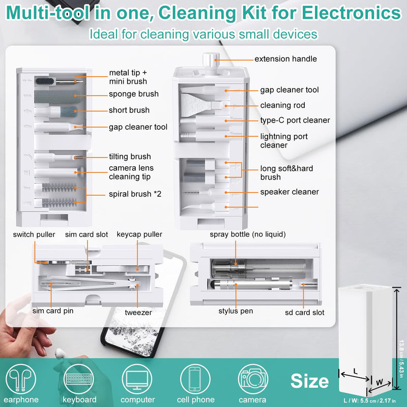 VICHYIE Keyboard Cleaning Kit with Brush, Computer Laptop Cleaner Kit, Phone Cleaning Tool, Multi-Function Cleaner Kit for Earbuds, Cellphones, PC, Screens, Camera Lens, Electronics Devices (White) White