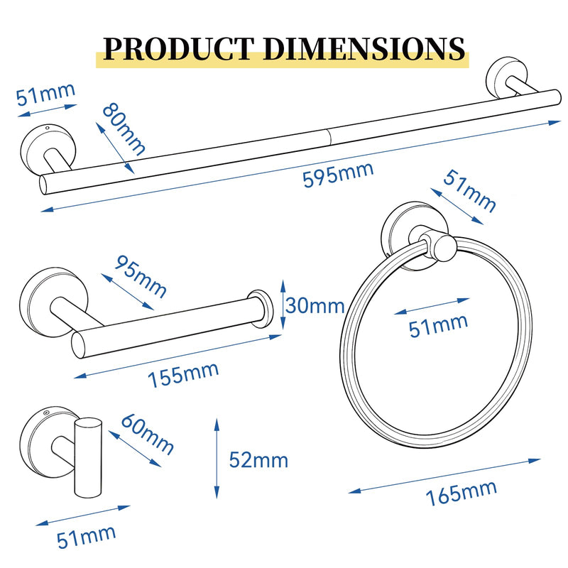HOMOTEK 4 Pieces Bathroom Accessories Hardware Set, 24 inch Towel Bar, Towel Ring, Robe Hook, Toilet Paper Holder, Stainless Steel Rack Kit Wall Mounted, Brushed Stainless Steel 1 Pack