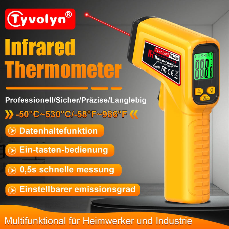 Infrared Thermometer Non-Contact Laser Temperature Meter -50℃~530℃ | Digital Infrared Laser Thermometer for Cooking, Grill, Fridge, Air Conditioning, Car & Industry, Adjustable Emissivity yellow
