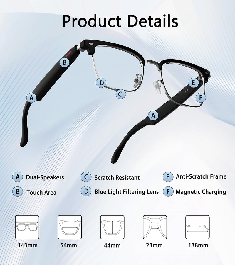 Smart Glasses for Men & Women, Built-in Mic & Speakers Bluetooth Audio Glasses, Blue Light Filter & Polarized UV 400 Protection Lenses Open-Ear Bluetooth Sunglasses for Android iOS, Half Frame Half Frame Clear Lenses Black