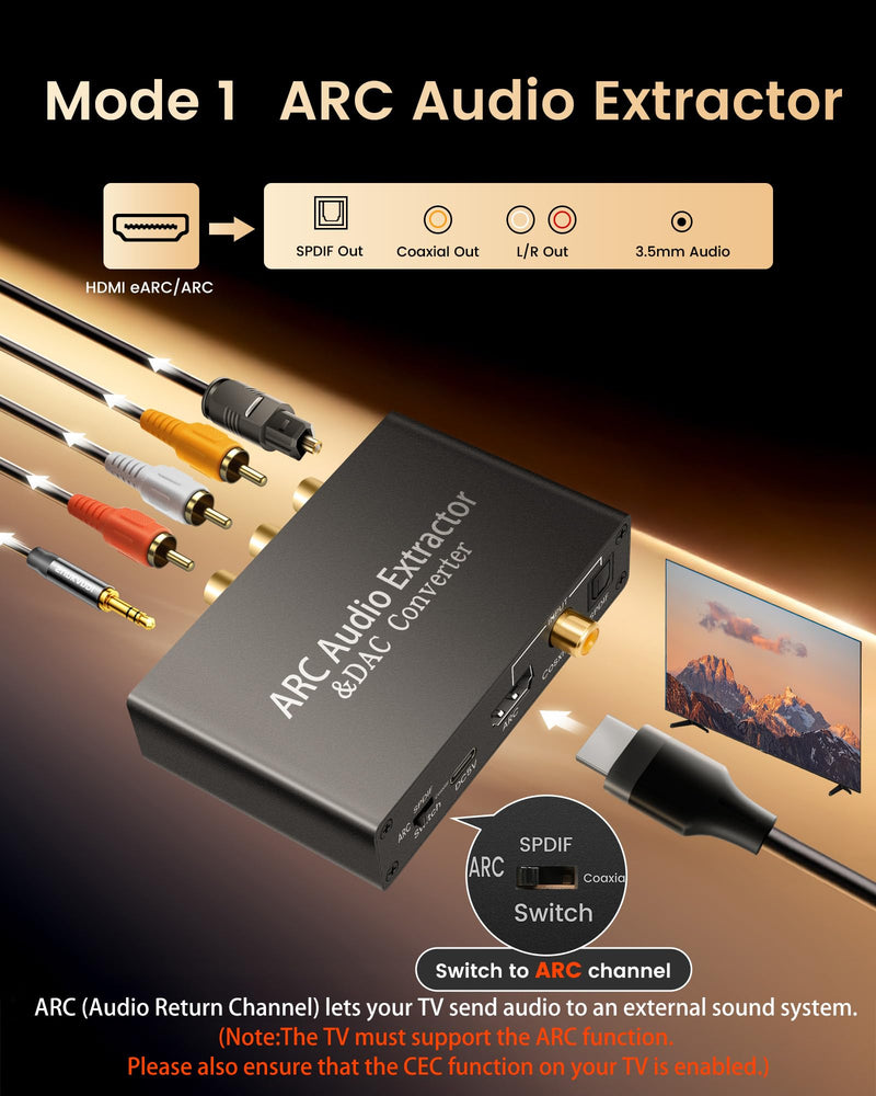 HDMI ARC Audio Extractor DAC Audio Converter 192KHz Digital to Analog Converter for PS3 PS4 HDTV DVD Home Systems, HDMI ARC/Optical/Coaxial Input, SPDIF/Optical/RCA/3.5mm Stereo Output(with 4 Cables) ARC+DAC