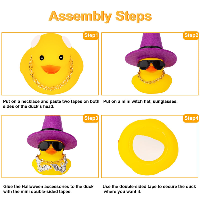 Rubber Duck Car Ornaments Yellow Duck Car Dashboard Decorations with Mini Witch Hat Sunglasses Necklace and Cute Accessories for Party Gifts(H2) H2-Black&Purple Ribbon-Accessories