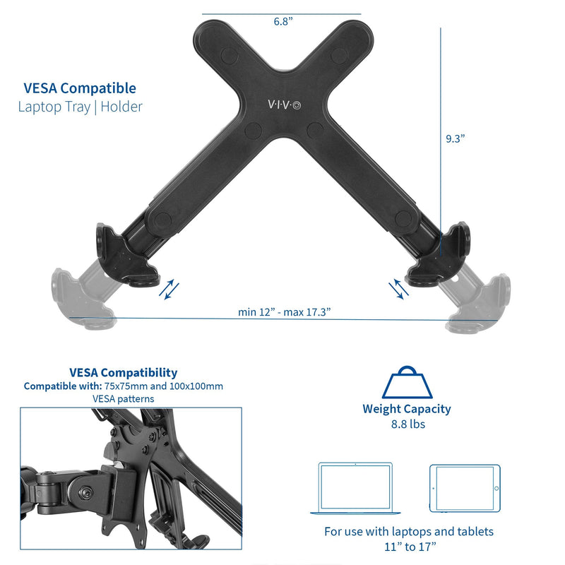 VIVO Adjustable 11 to 17 inch Laptop Holder Only for VESA Compatible Monitor Arms, Notebook Adapter for VESA Monitor Mounts up to 100x100mm Stand-LAP4