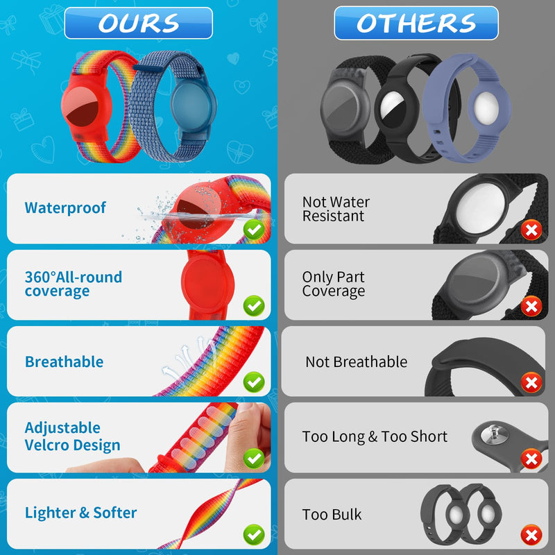 Waterproof Airtag Bracelet for Kids (2 Pack), Soft Nylon Hidden Air Tag Wristband Full Cover Lightweight GPS Tracker Holder Compatible with Apple Airtag Band for Toddler Child (Deep Rainbow/Blue) Deep Rainbow/Blue