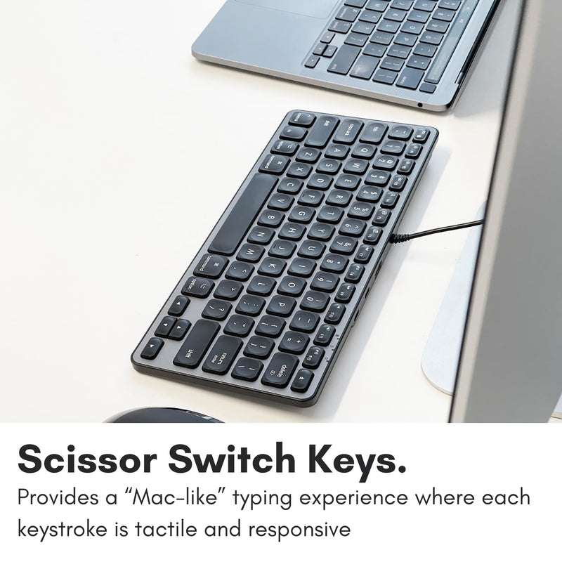 Macally Wired Keyboard for Mac with USB Hub (2X USB-C / 1x USB-A) - Compatible Small Apple Keyboard with 2 in 1 USB Plug - Save Space with an USB C Keyboard for Macbook Pro/Air, Mac Mini, iMac