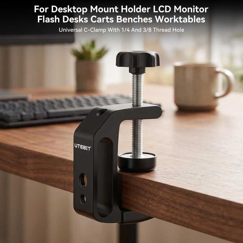 UTEBIT Universal C-Table Clamp with 1/4" and 3/8" Thread, Aluminum Support Clamp Desktop Mount Holder for Range 0.36"-2", Versatile Desk Clamp for LCD Monitor Flash Carts Benches Worktables 0.36-2.0 inch 2