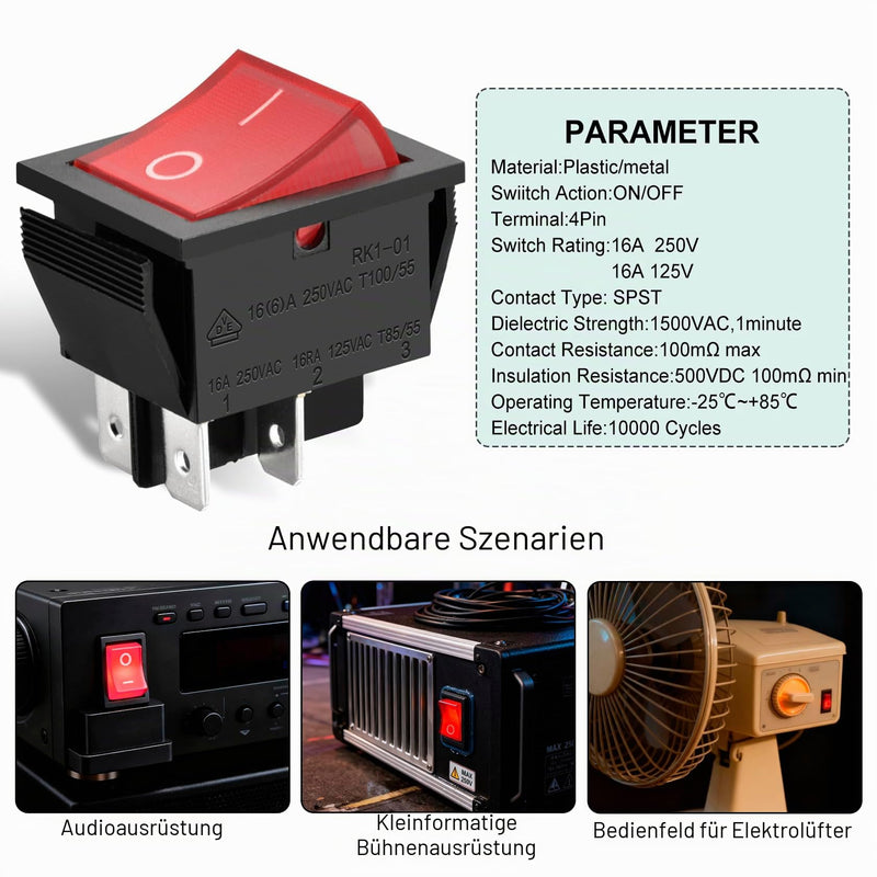 Heschen Rocker Switch ON-OFF DPST 4 Terminals Red Light 16A 250VAC with Waterproof Cover 1