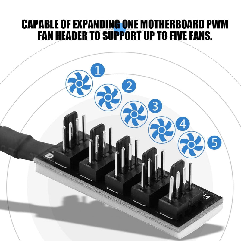 Richer-R 4-pin fan splitter cable, 5-port fan hub 4-pin PWM CPU fan splitter hub adapter cable, PC case fan cable 1 female to 5 male fan cable adapter black