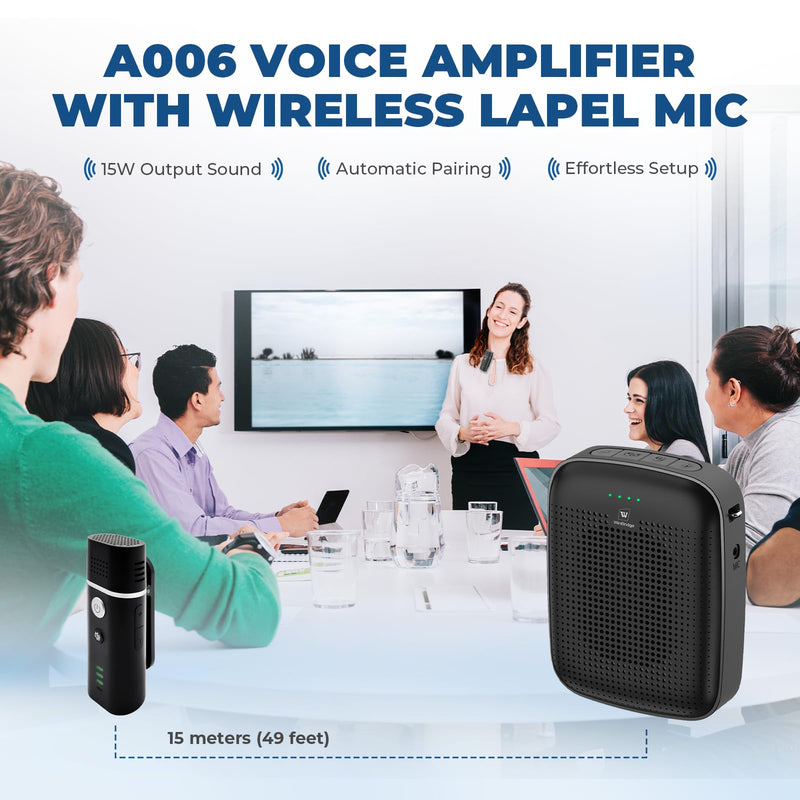 Voice Amplifier with Wireless Lapel Microphone - Personal Megaphone for Teachers, 15W Portable Mini Bluetooth PA System and Clip-on Lavalier Mic for Classroom, Speech, Yoga, Tour Guide - A006 Small