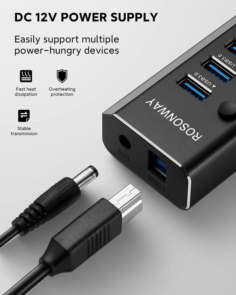 USB Hub 3.0 Powered Rosonway Aluminum 7 Ports USB 3.0 Data Hub Splitter with 24W (12V/2A) Power Adapter and Individual On/Off Switches USB Port Expander for PC and Laptop (RSH-A37S) 7-Port Powered USB 3.0 Hub