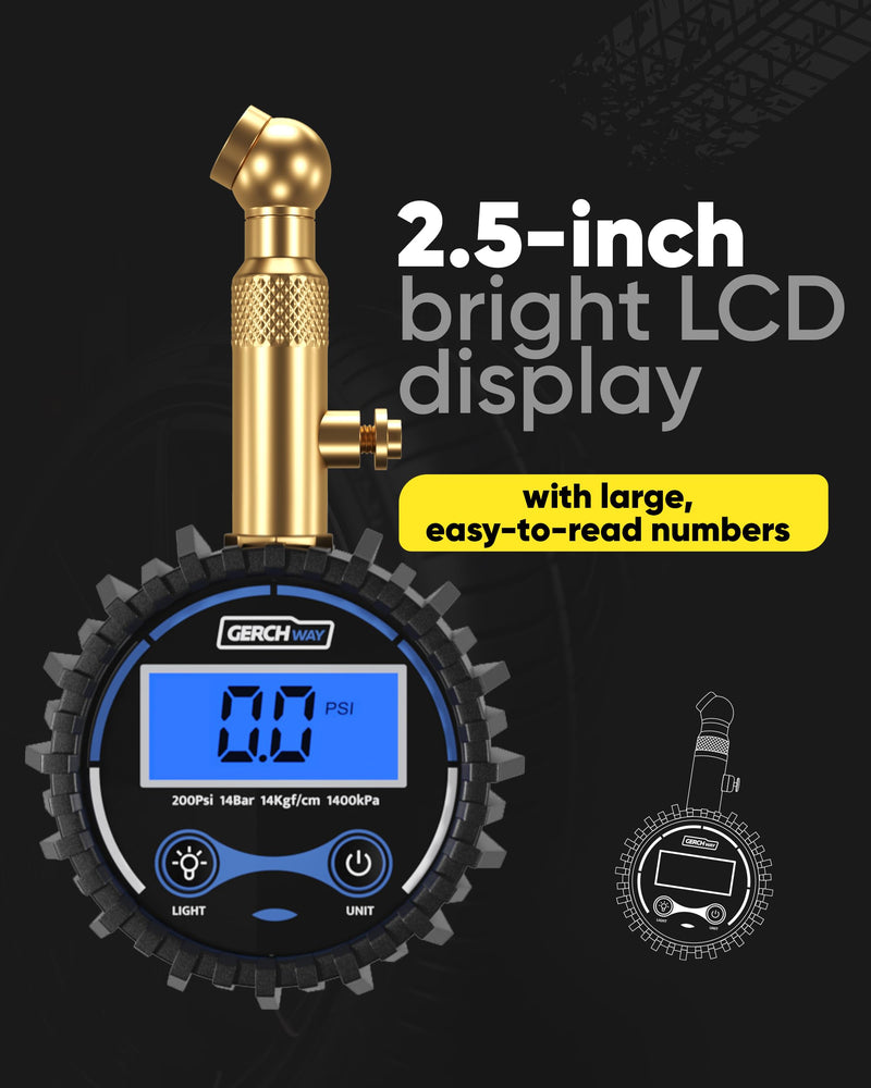 Digital Tire Pressure Gauge for Cars - Accurate Air Pressure Gauge for Tires with 360° Swivel Chuck - 200 PSI 200 PSI Digital