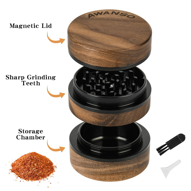 3-Piece Grinder, 2.5" Walnut Wood and Aluminum Grinder for Kitchen Spices Brown 2.5"