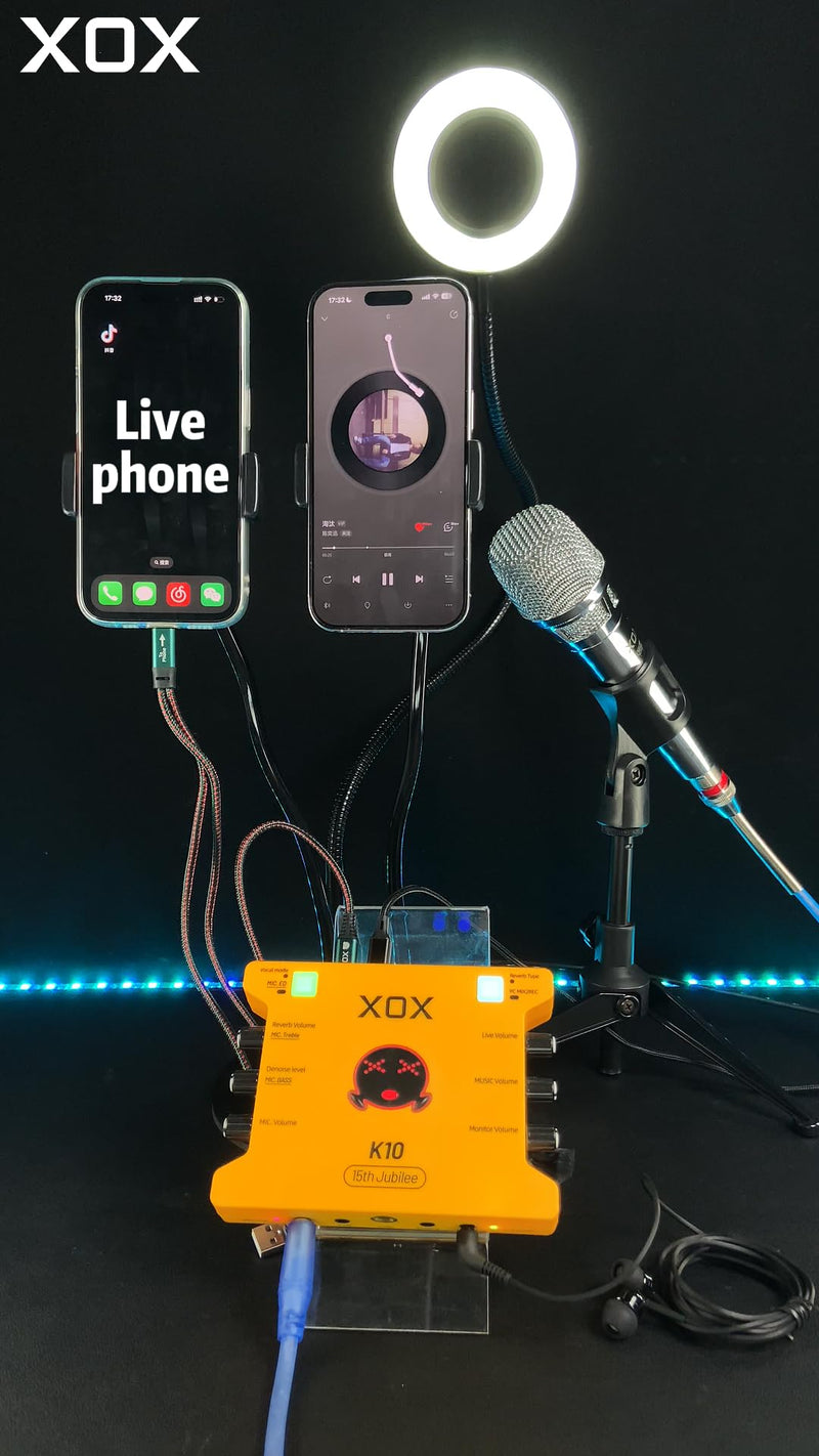 XOX K10 15TH live streaming audio interface for gaming recording bubbing teaching and k song. Stream sound card with 3.5/6.5 microphone,bluetooth and wireless OTG connect.
