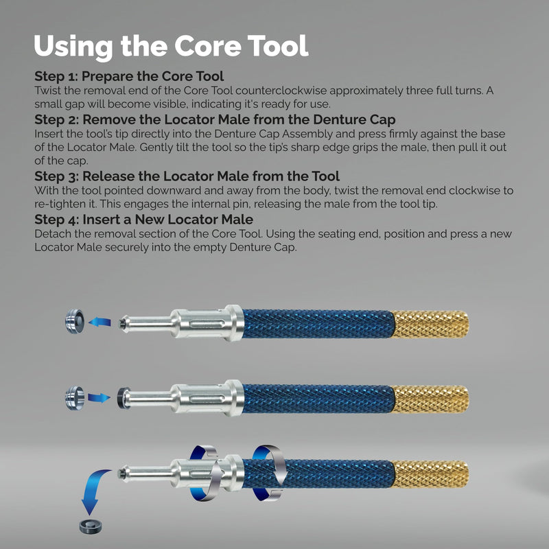 Locator Core Tool - 3 in 1 Universal Dental Implant Instrument for Male Cap Insertion Removal and Seating - 303 Stainless Steel Tool for Retention Caps & Implants