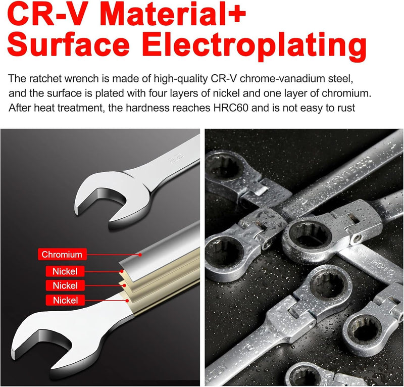 WISEUP 12Pcs Ratchet Wrench, CR-V Chrome-vanadium Steel 8-19mm Wrench, 180 ° Adjustable Combination Wrenches, Double-end Ratchet Wrench, Anti-slip Rust-proof, Labor-saving Tools 12 pcs set